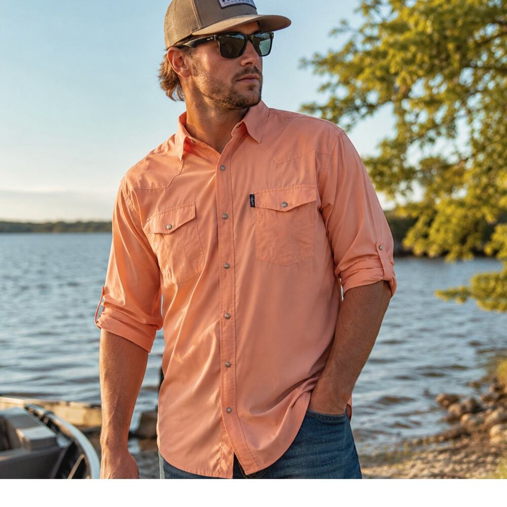 HOOEY Habitat Performance Pearl Snap Fishing Western Shirt Peach Men's Medium
